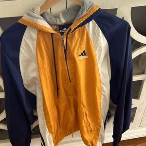 Adidas old school half zip warm up jacket size l unisex.  Gold blue and white